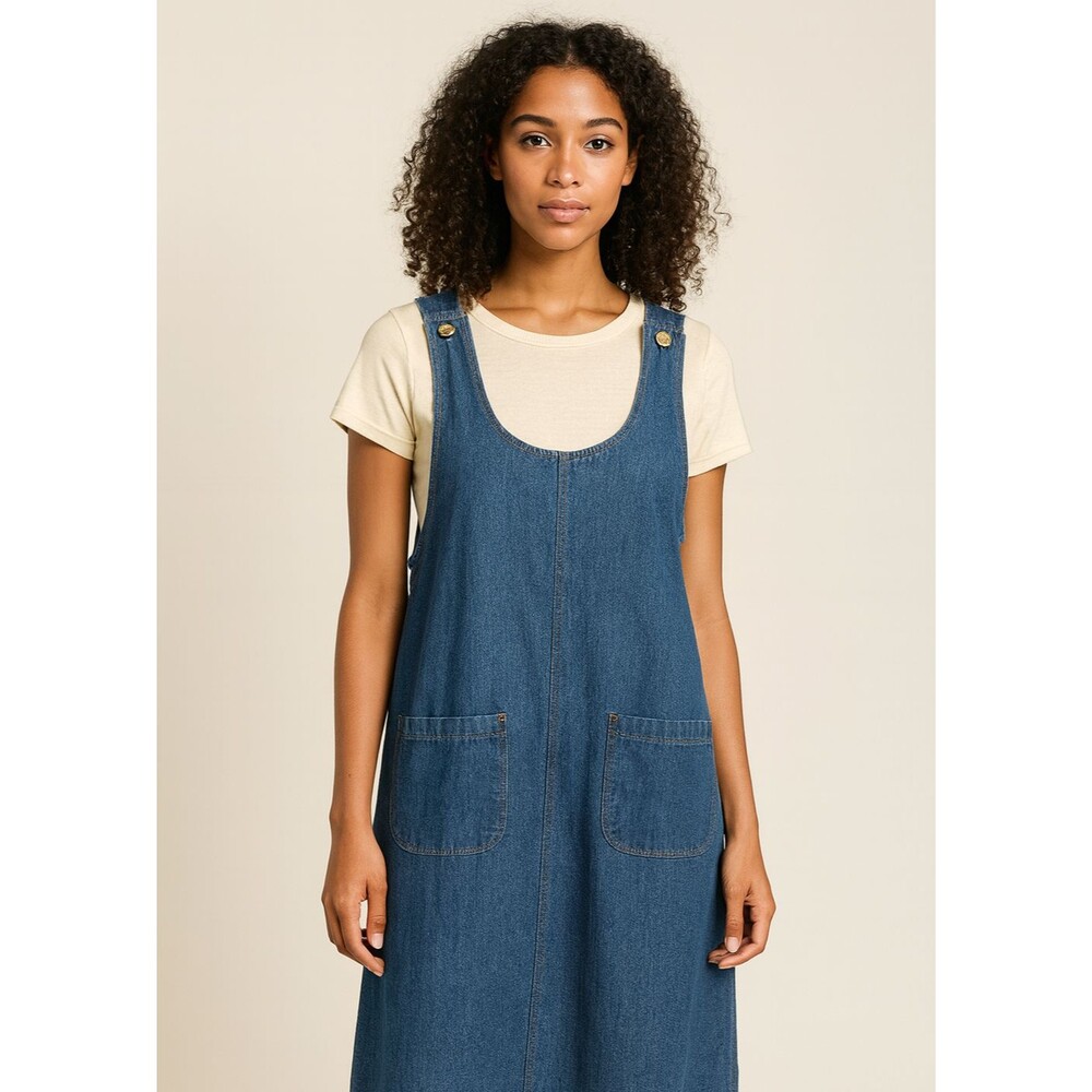Facets 2 by Mirrors Denim Maxi Dress Women Cotton Brass Button Front Vintage